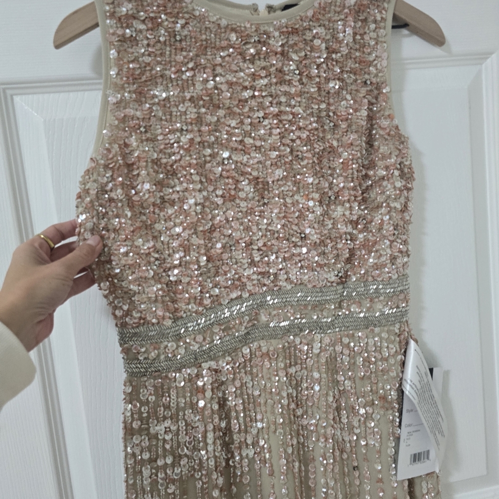 Mac Duggal Gold/pink Sequin High Neck Beaded Midi Sheath Dress New Size 4 - Picture 8 of 13
